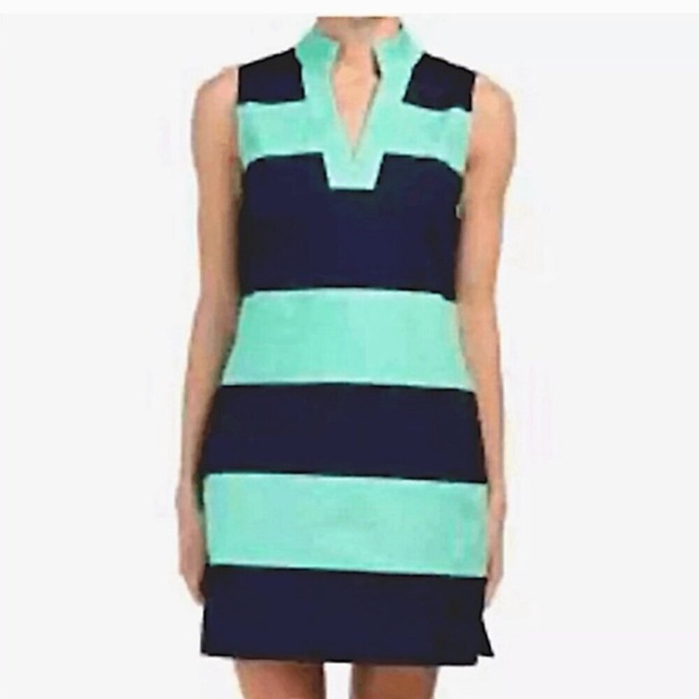 Sail to Sable striped dress Small sheath aqual navy blue stretch sleeveless